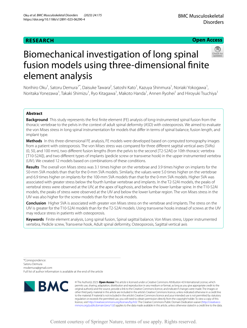 PDF) Biomechanical investigation of long spinal fusion models using  three-dimensional finite element analysis