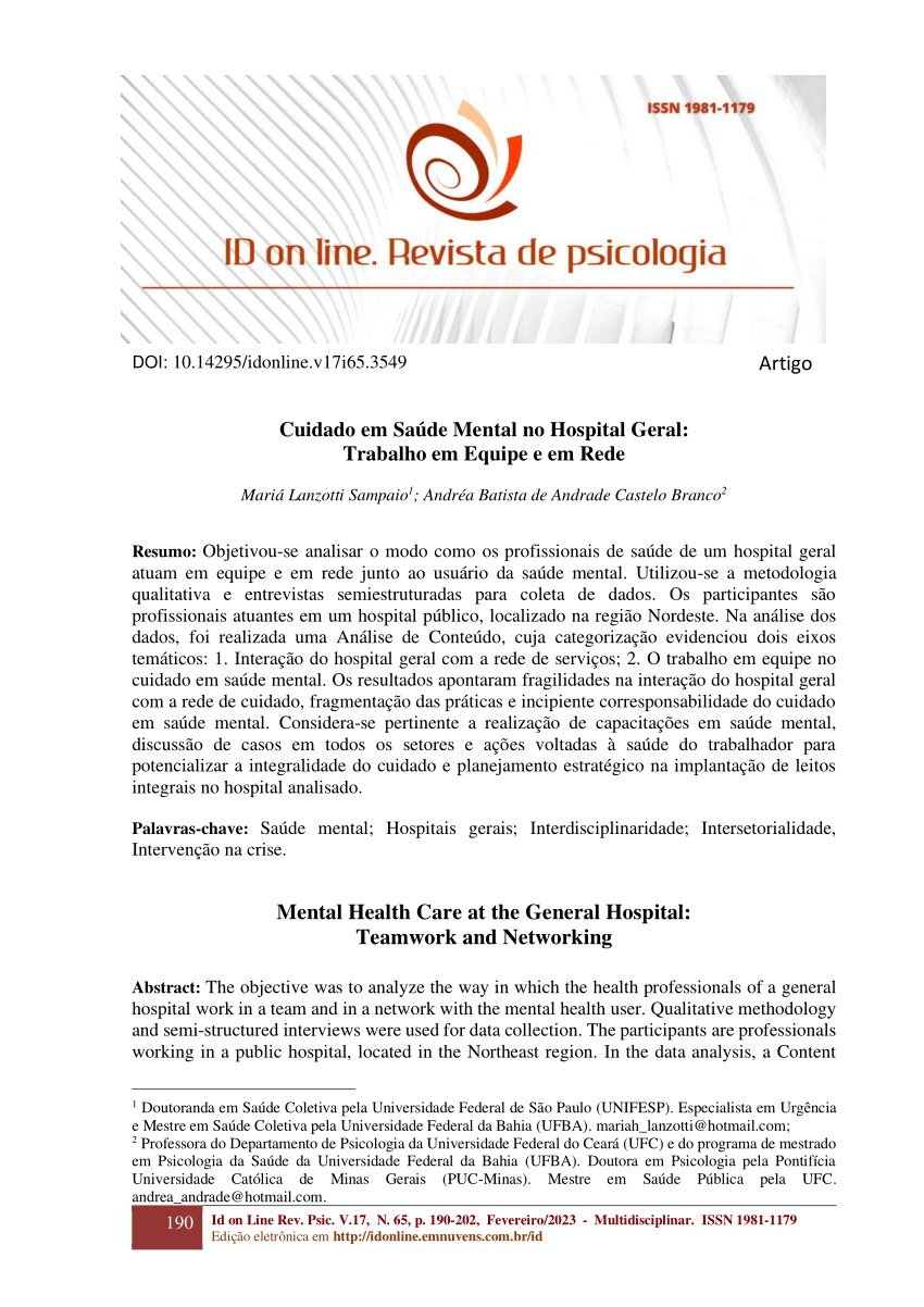 Pdf Cuidado Em Saúde Mental No Hospital Geral Trabalho Em Equipe E Em Rede