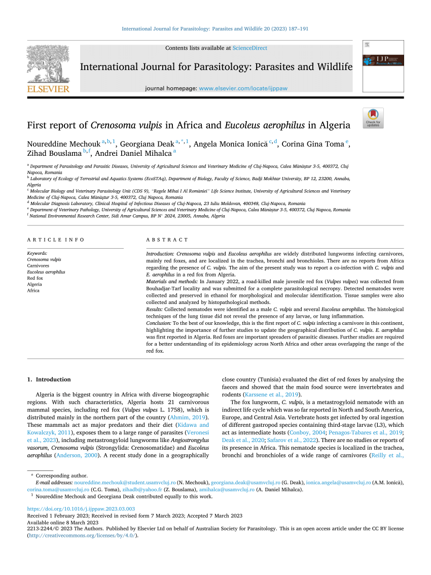 PDF) First report of Crenosoma vulpis in Africa and Eucoleus aerophilus in  Algeria
