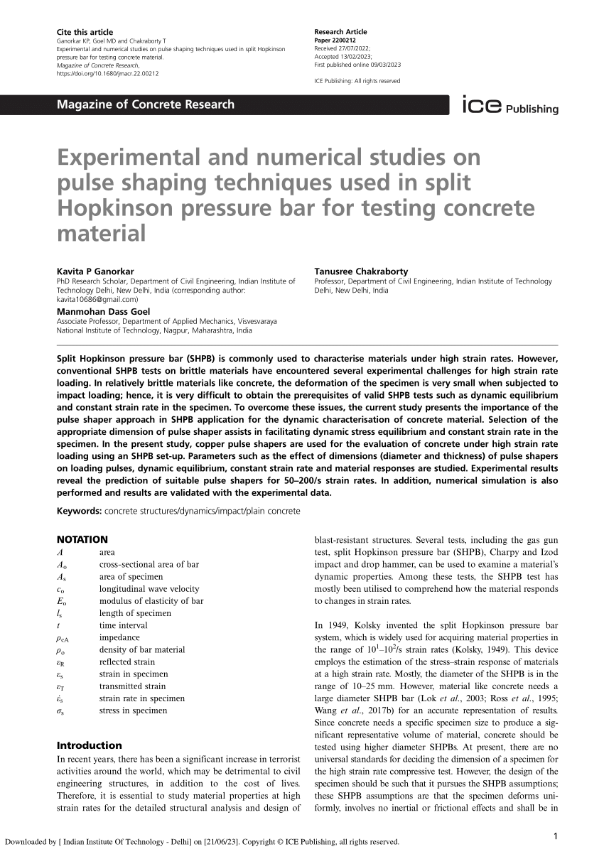 PDF) Experimental and numerical studies on pulse shaping techniques used in  SHPB for testing concrete material
