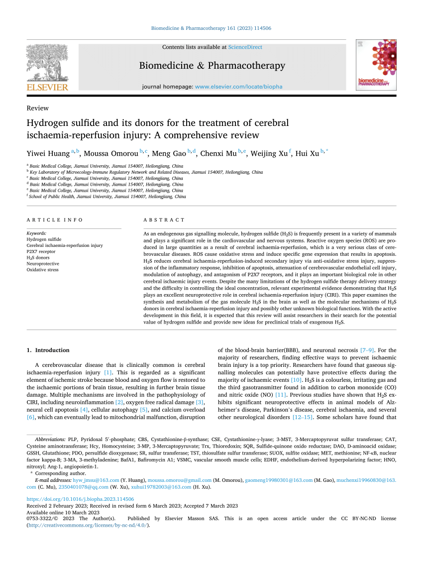 PDF) Hydrogen sulfide and its donors for the treatment of cerebral 