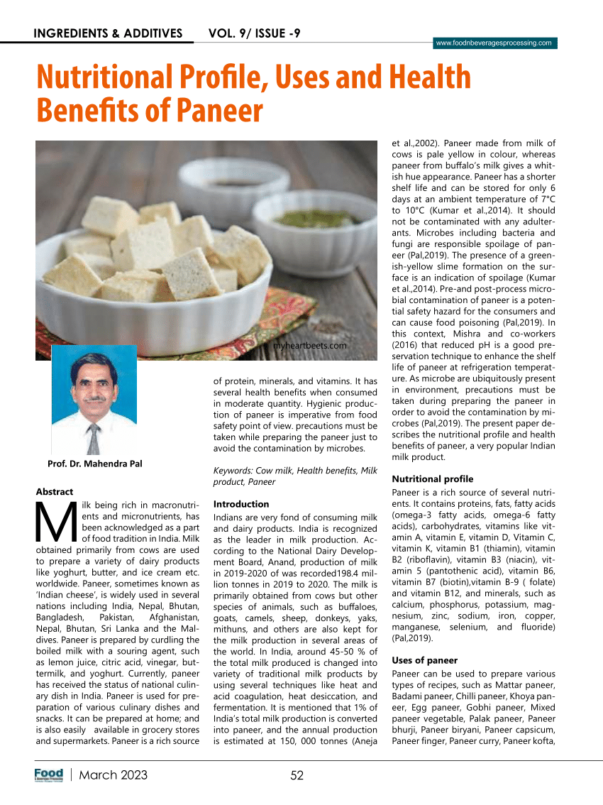 (PDF) Nutritional Profile, Uses and Health Benefits of Paneer