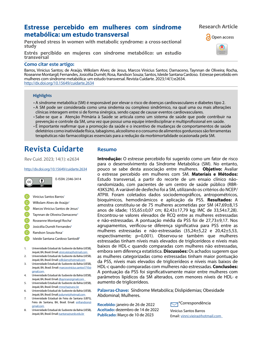 PDF) Estrés percibido en mujeres con síndrome metabólico: un estudio  transversal