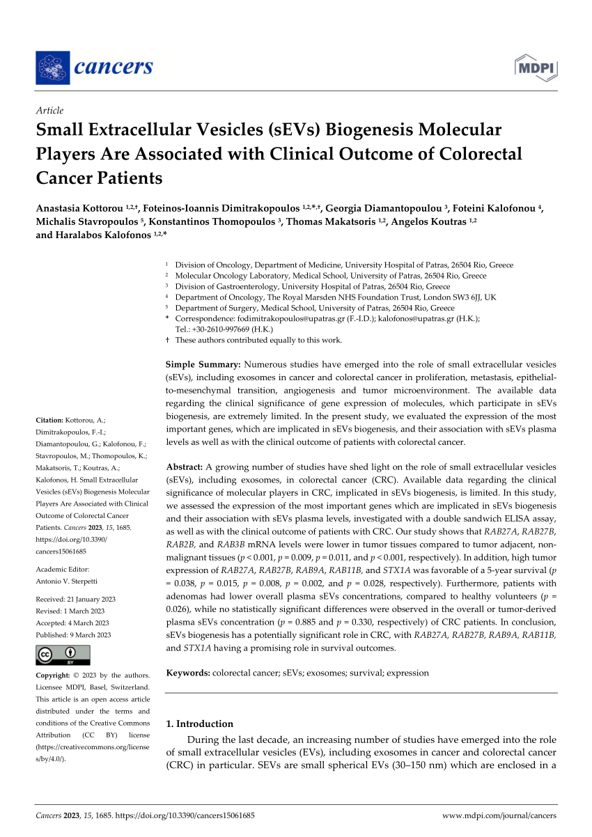 PDF) Small Extracellular Vesicles (sEVs) Biogenesis Molecular Players Are  Associated with Clinical Outcome of Colorectal Cancer Patients