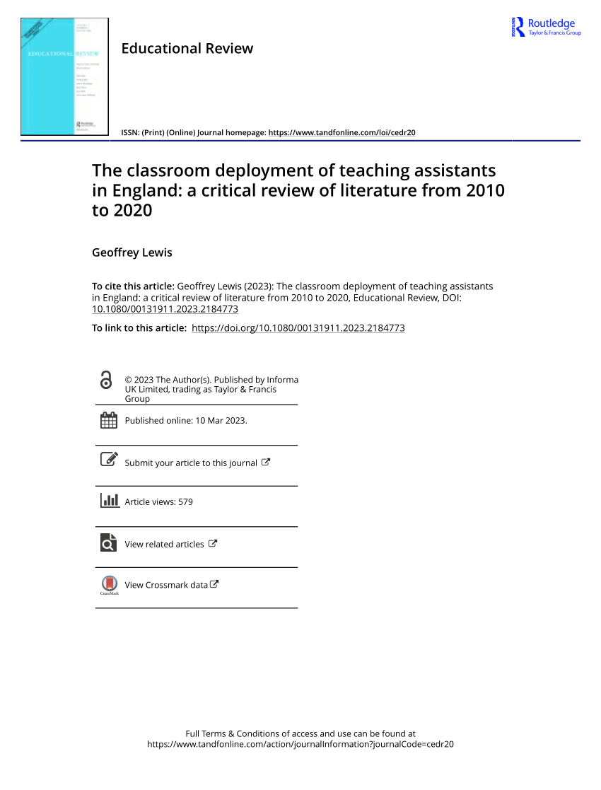 Pdf The Classroom Deployment Of Teaching Assistants In England A Critical Review Of 