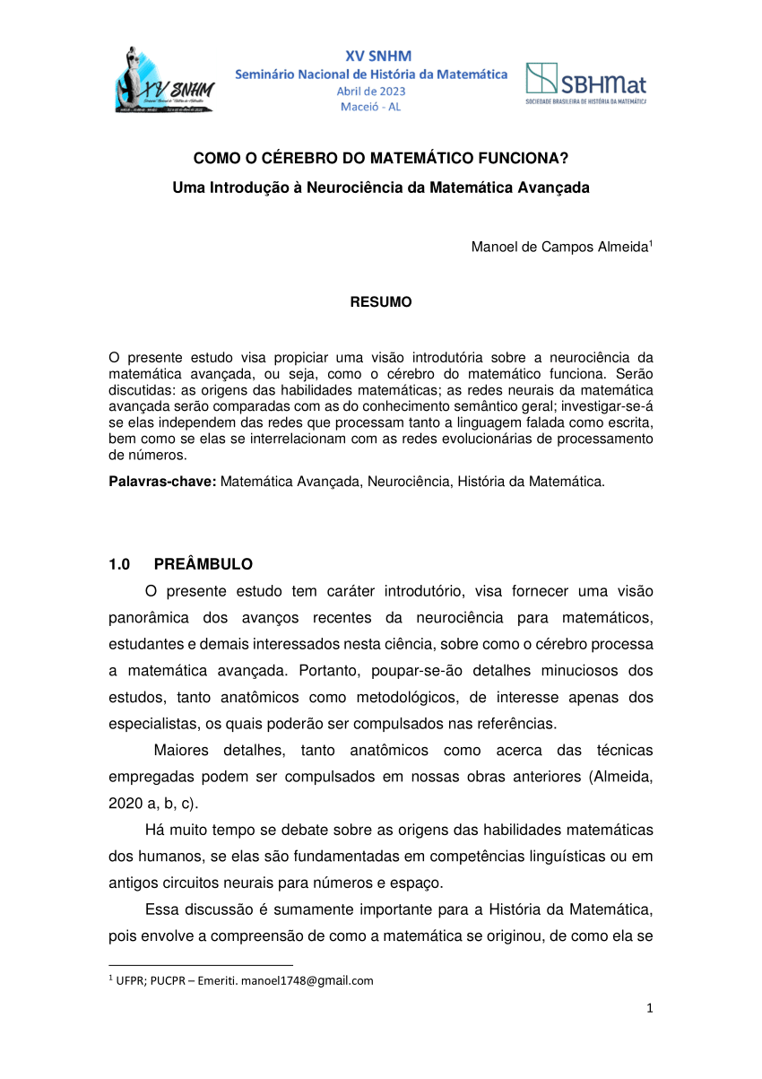 Pdf Como O CÉrebro Do MatemÁtico Funciona Uma Introdução à Neurociência Da Matemática 8766