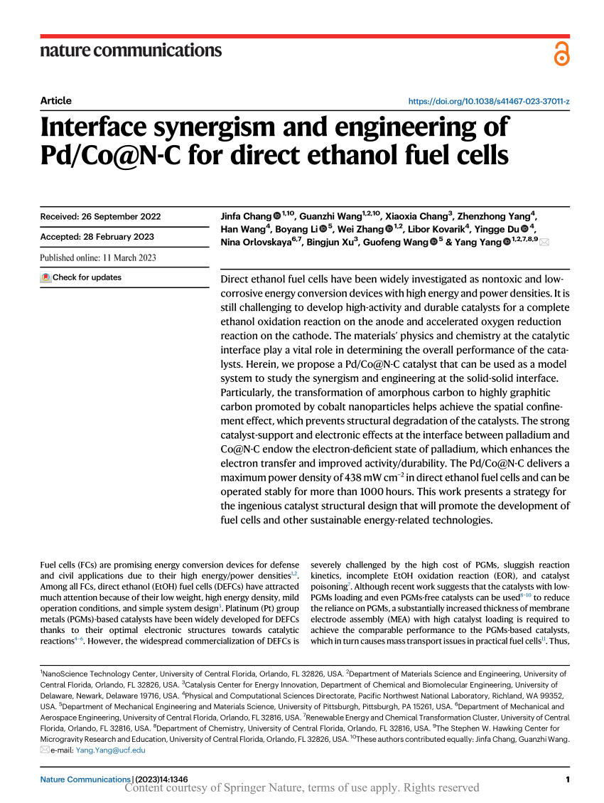 PDF) Interface synergism and engineering of Pd/Co@N-C for direct ethanol  fuel cells