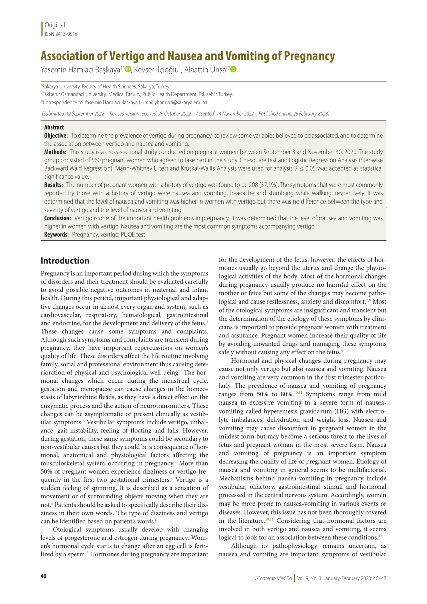 PDF) Association of Vertigo and Nausea and Vomiting of Pregnancy