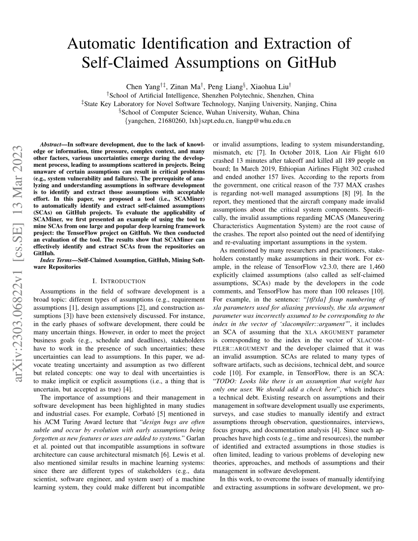 PDF) Automatic Identification and Extraction of Self-Claimed Assumptions on  GitHub