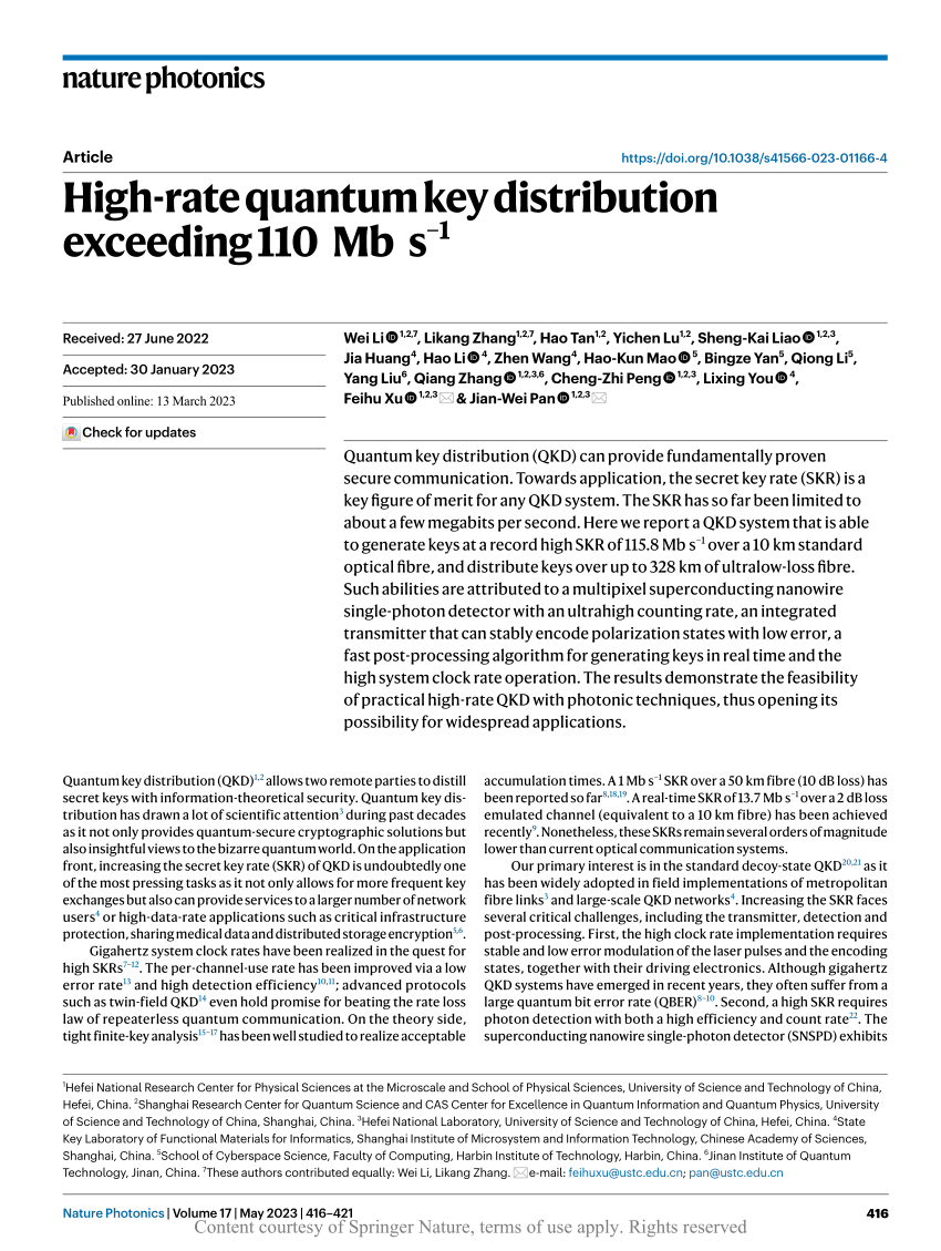 research papers on quantum key distribution