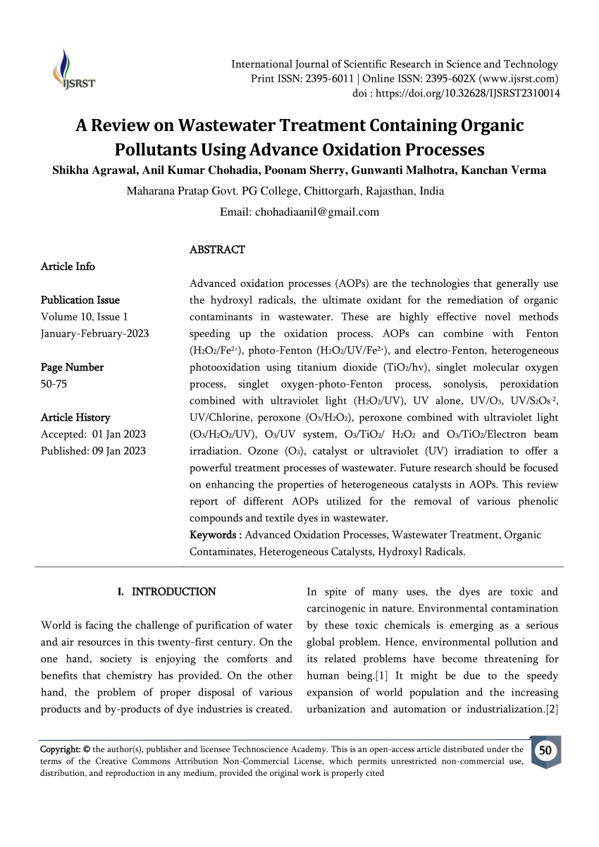 PDF) A Review on Wastewater Treatment Containing Organic Pollutants Using  Advance Oxidation Processes