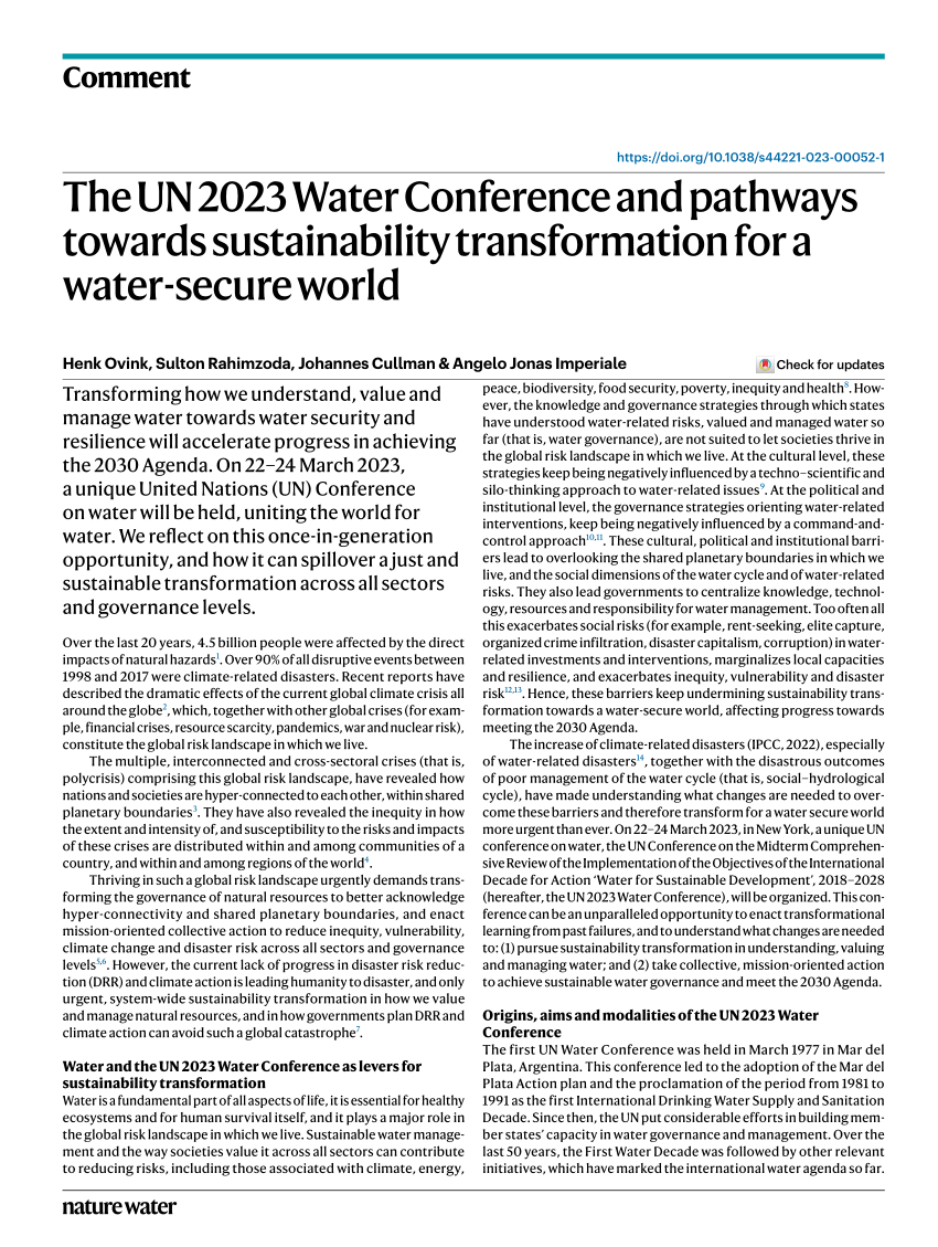 (PDF) The UN 2023 Water Conference and pathways towards sustainability