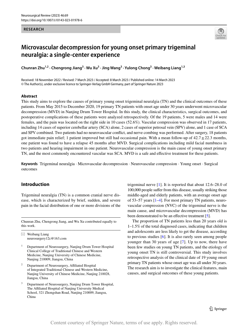 Microvascular Decompression For Young Onset Primary Trigeminal Neuralgia A Single Center Experience