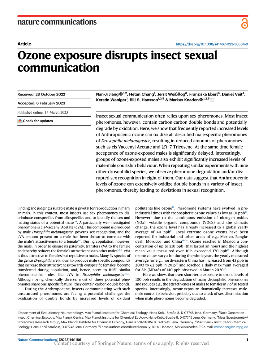 Pdf Ozone Exposure Disrupts Insect Sexual Communication 4724