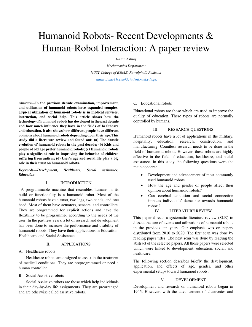 (PDF) Humanoid RobotsRecent Developments & HumanRobot Interaction A