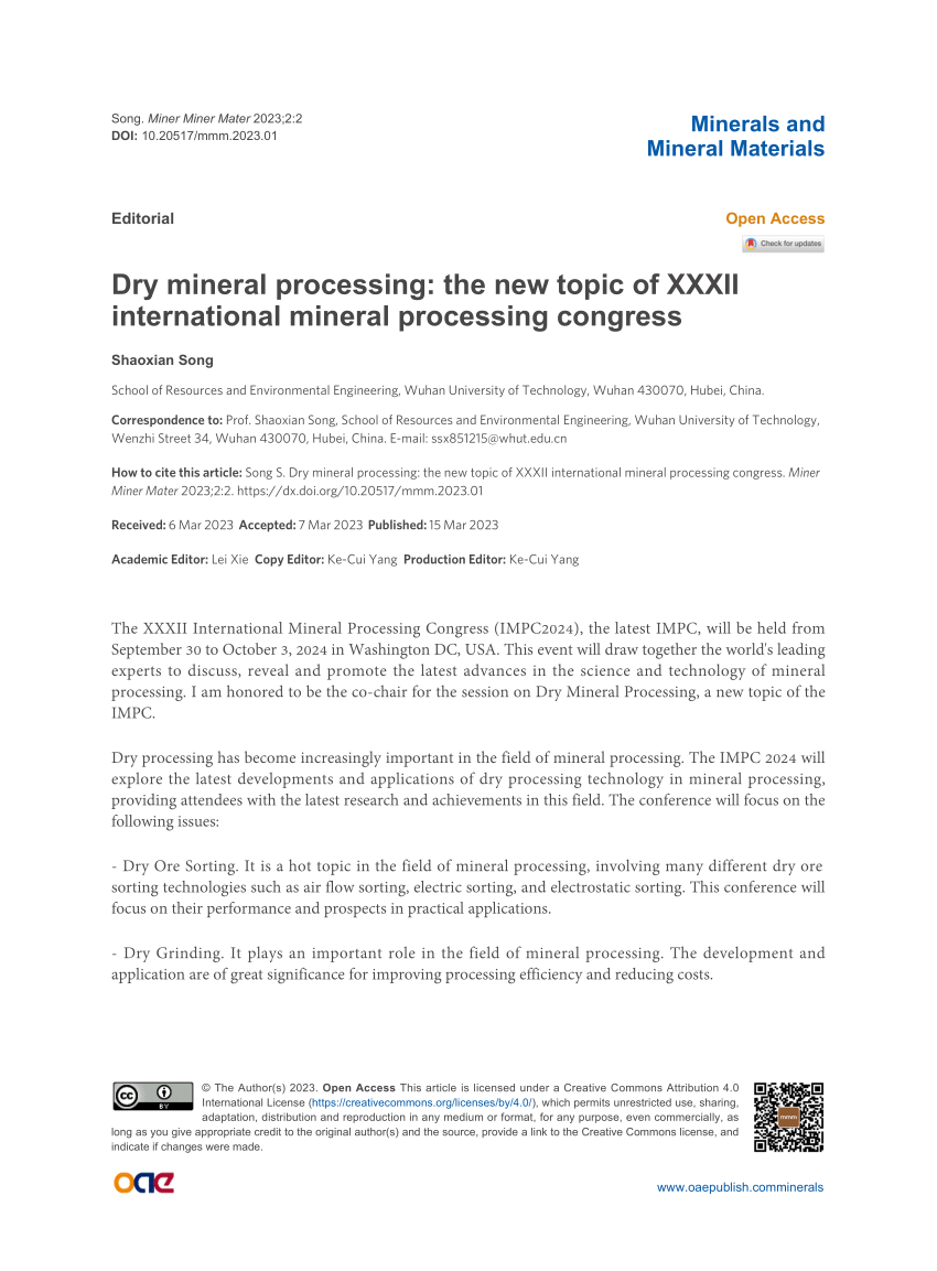 (PDF) Dry mineral processing the new topic of XXXII international
