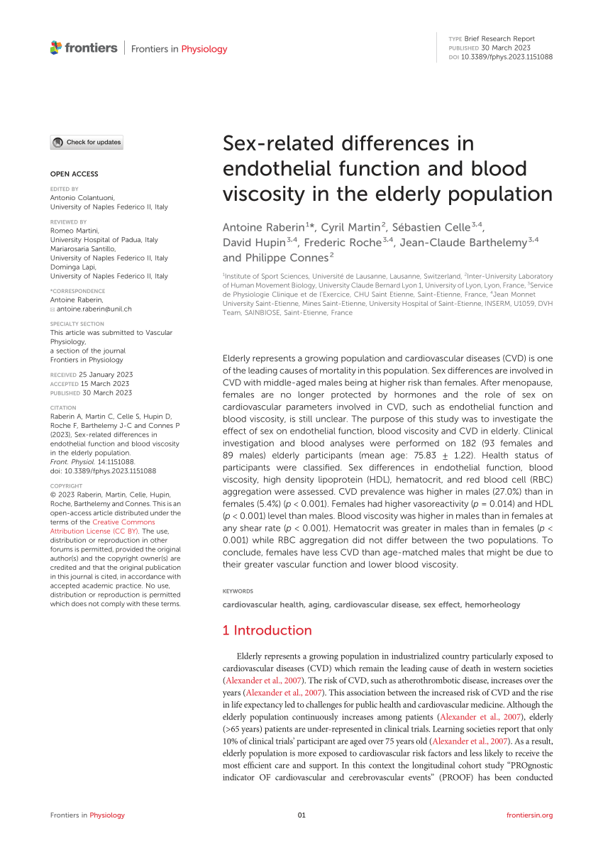 PDF Sex related differences in endothelial function and blood  