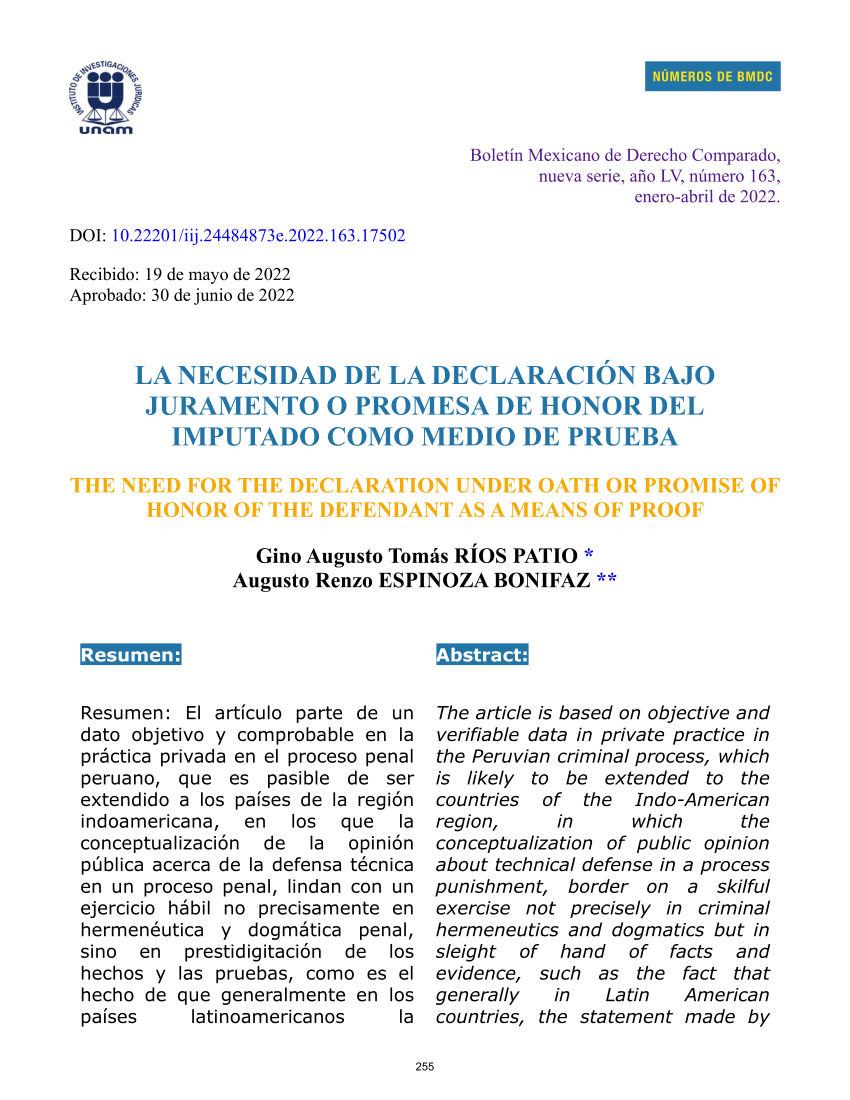 Pdf La Necesidad De La Declaración Bajo Juramento O Promesa De Honor Del Imputado Como Medio 7671