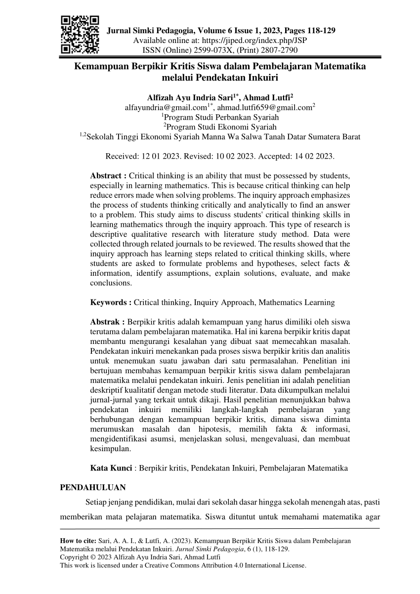 Pdf Kemampuan Berpikir Kritis Siswa Dalam Pembelajaran Matematika