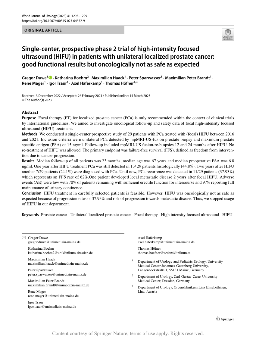 Pdf Single Center Prospective Phase 2 Trial Of High Intensity Focused Ultrasound Hifu In 2377