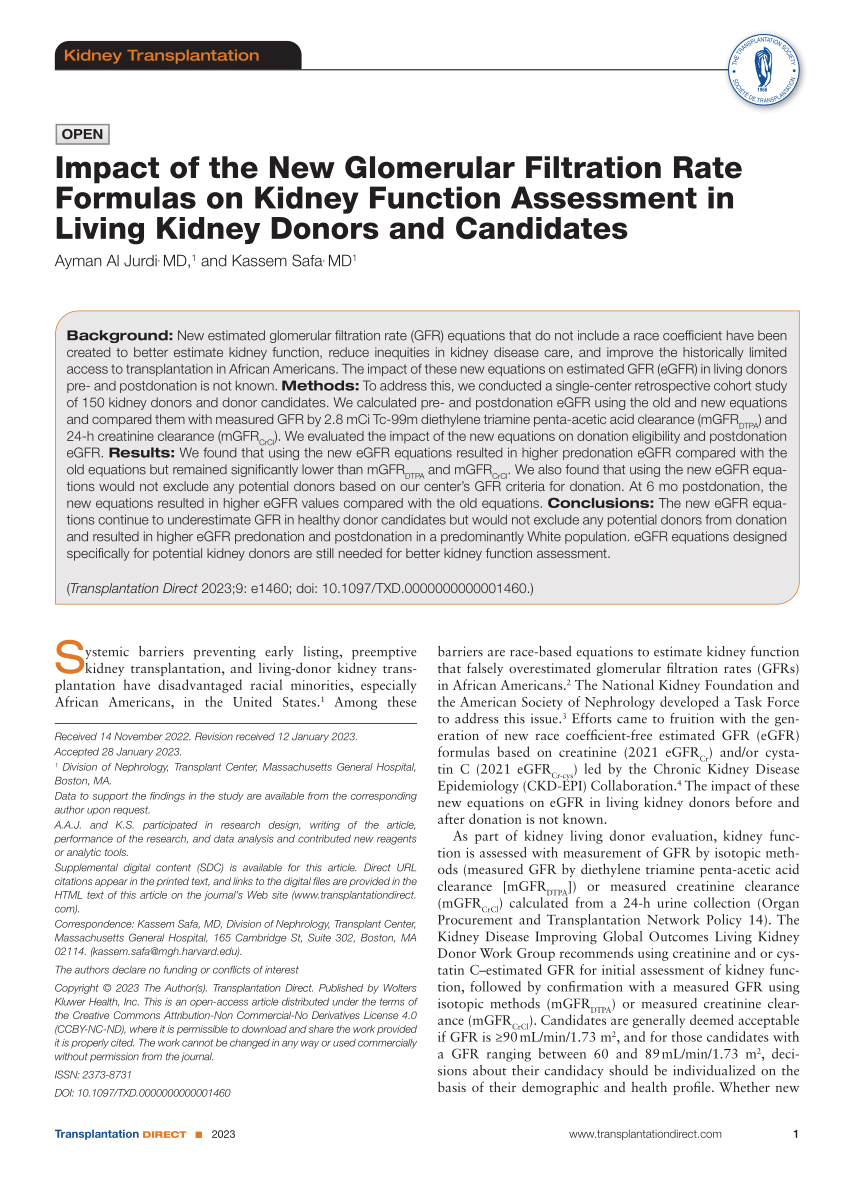 (PDF) Impact of the New Glomerular Filtration Rate Formulas on Kidney