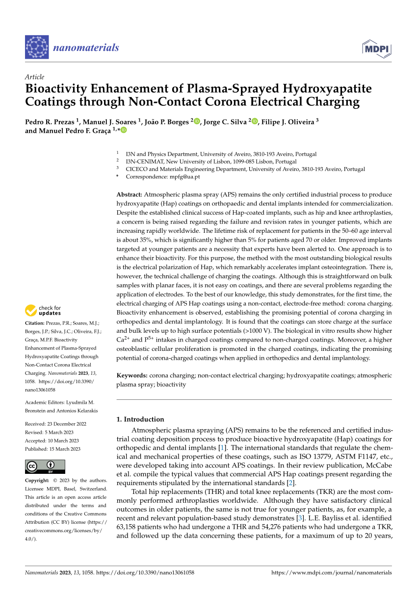 PDF) Bioactivity Enhancement of Plasma-Sprayed Hydroxyapatite Coatings  through Non-Contact Corona Electrical Charging