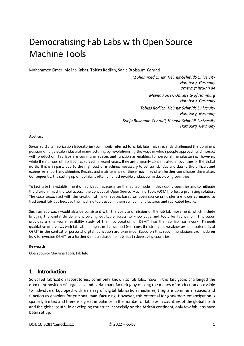 PDF Democratising Fab Labs with Open Source Machine Tools 