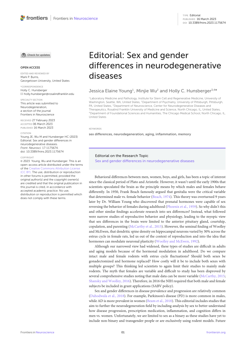 Pdf Editorial Sex And Gender Differences In Neurodegenerative Diseases 