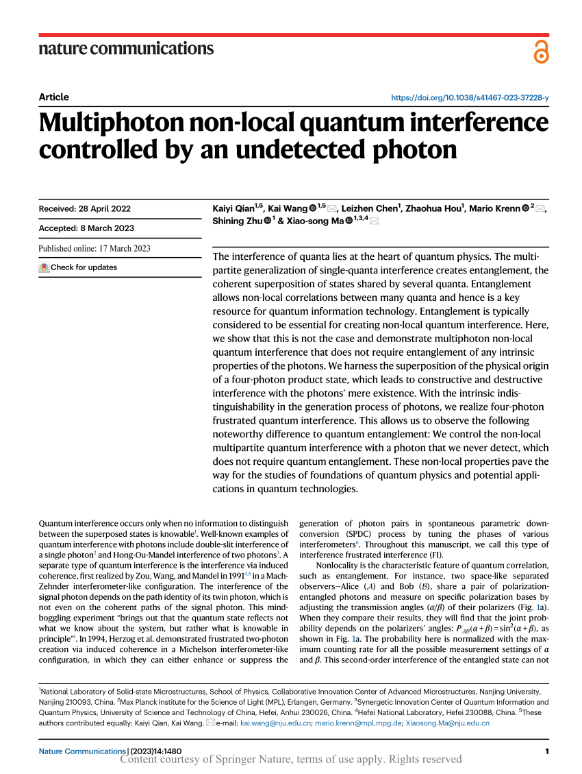 (PDF) Multiphoton non-local quantum interference controlled by an  undetected photon