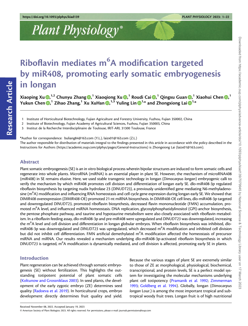 PDF) Riboflavin mediates m6A modification targeted by miR408 