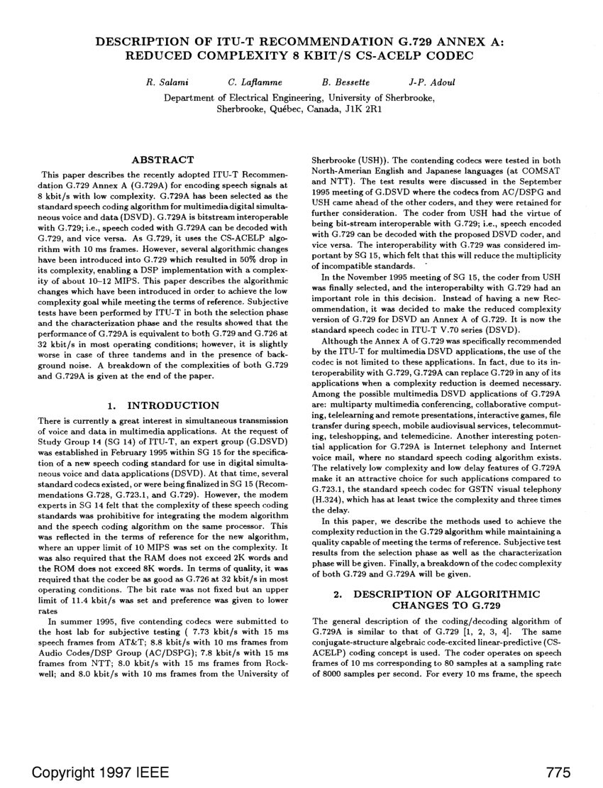 PDF Description Of ITU T Recommendation G Annex A Reduced Complexity Kbit S CS ACELP Codec