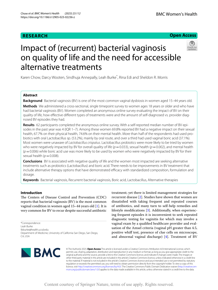 Pdf Impact Of Recurrent Bacterial Vaginosis On Quality Of Life And The Need For Accessible