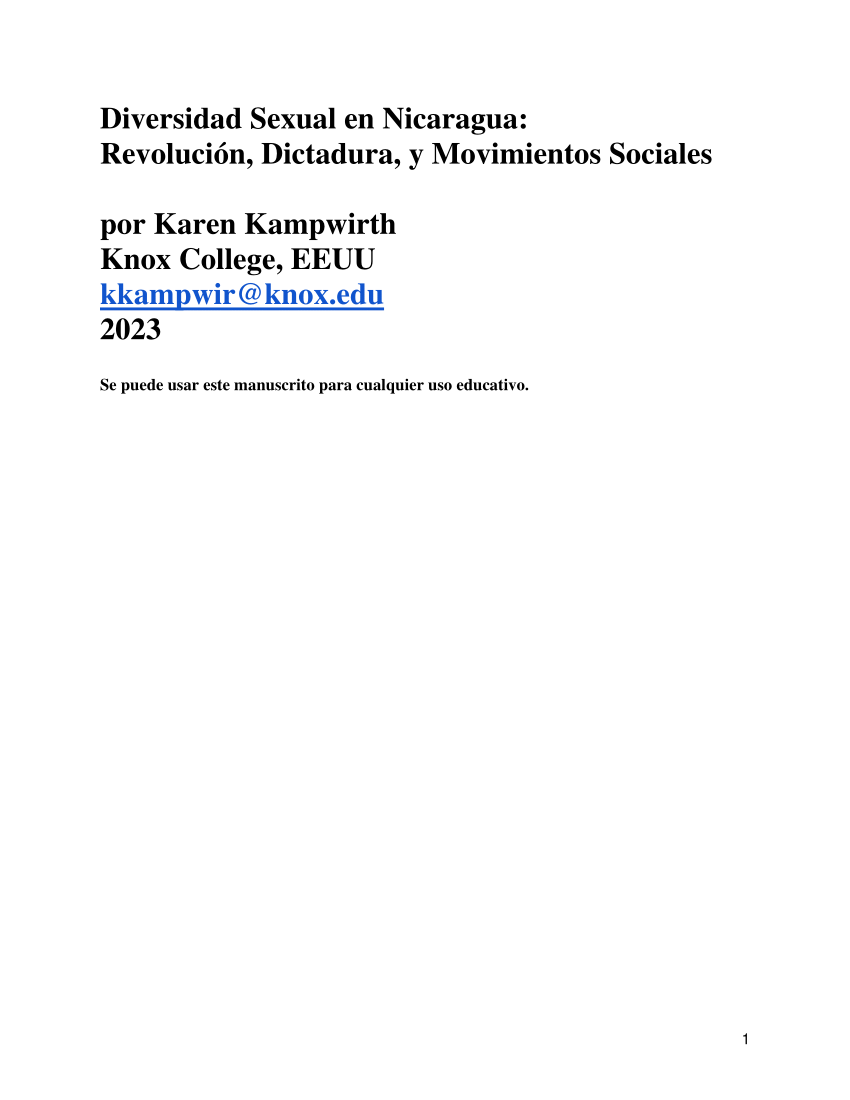 Pdf Diversidad Sexual En Nicaragua Revolucion Dictadura Y Movimientos Sociales 2266