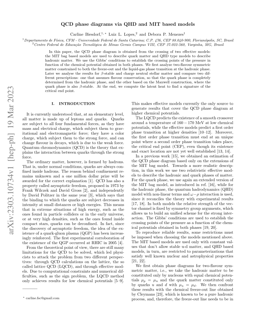 (PDF) QCD phase diagrams via QHD and MIT based models