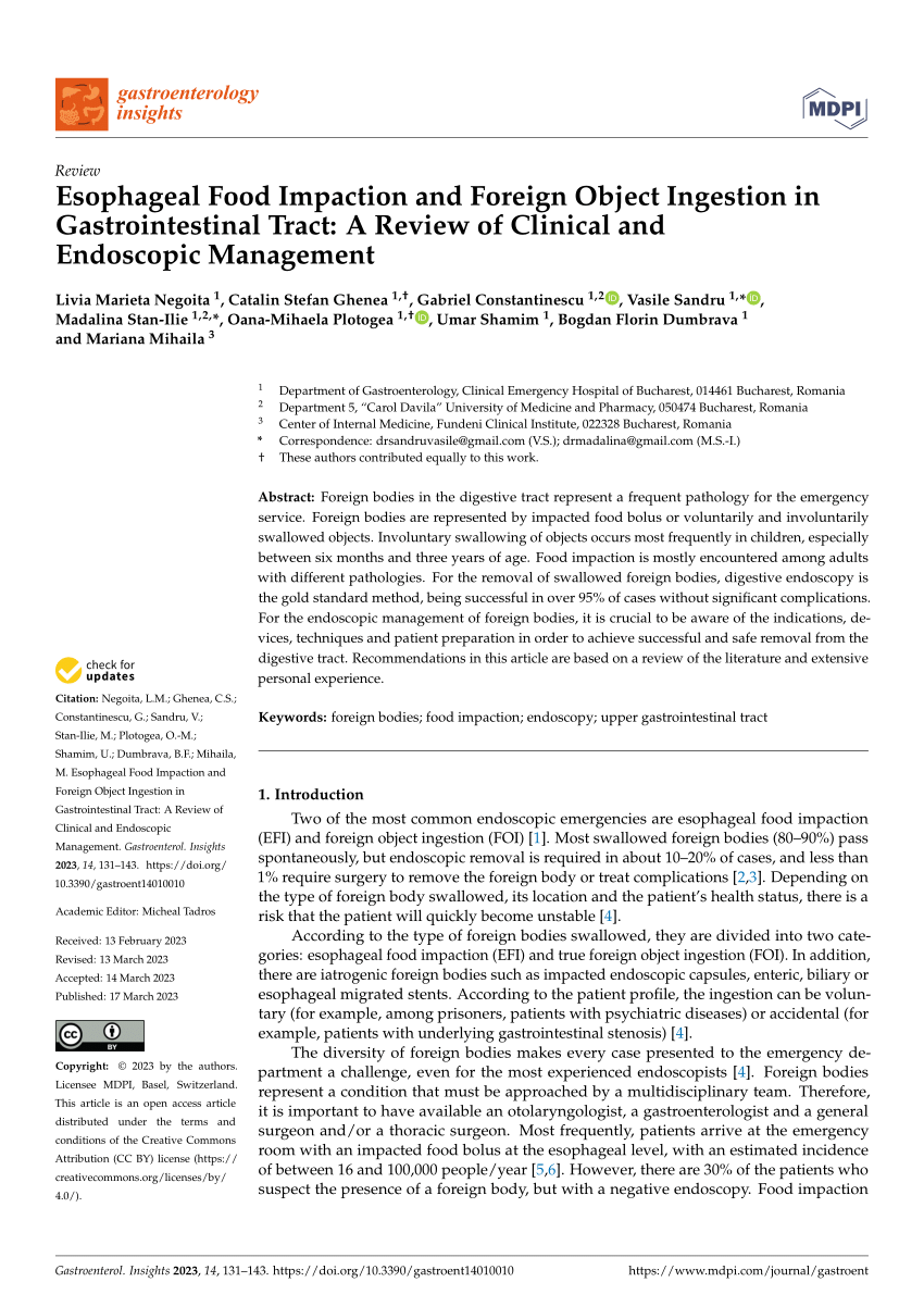 (PDF) Esophageal Food Impaction and Foreign Object Ingestion in