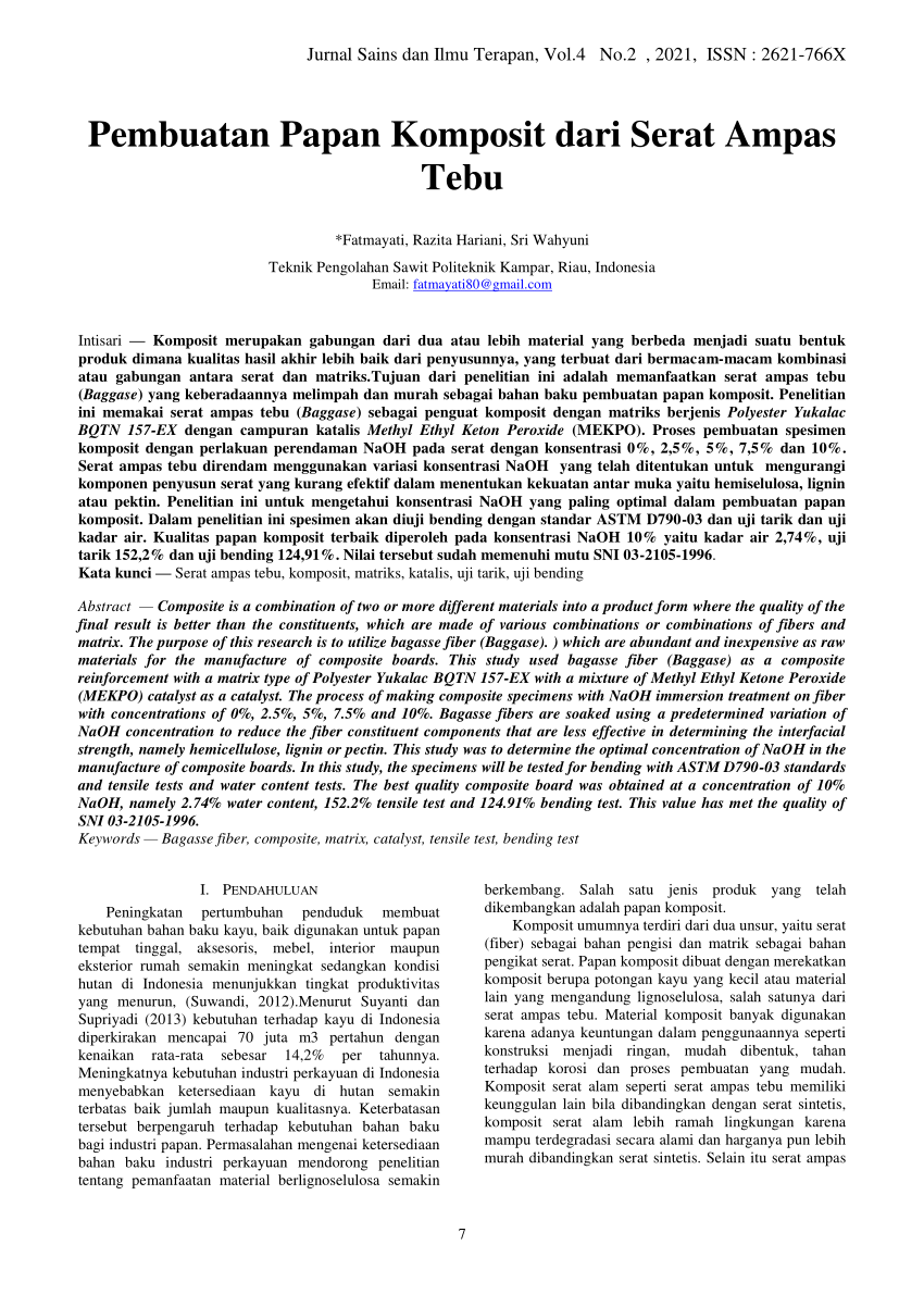 Pdf Pembuatan Papan Komposit Dari Serat Ampas Tebu 5806