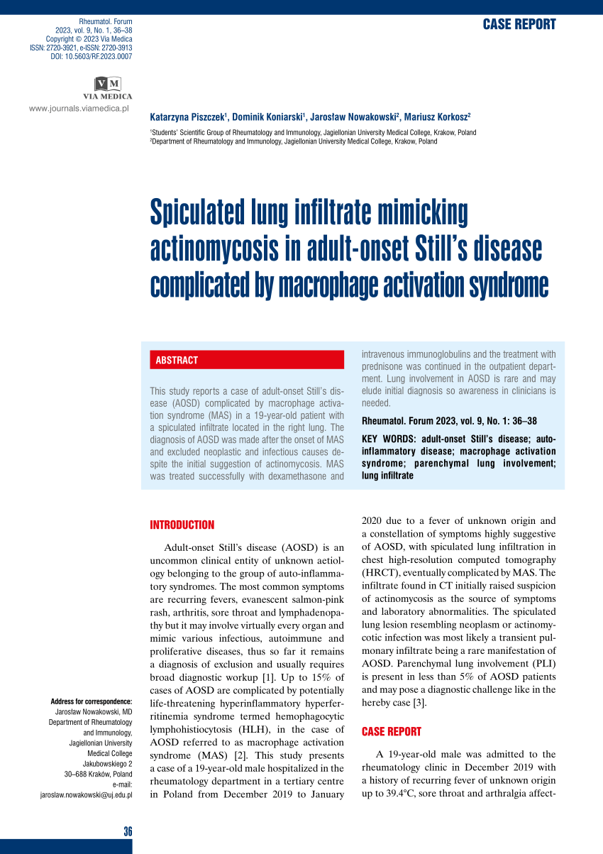 Pdf Spiculated Lung Infiltrate Mimicking Actinomycosis In Adult Onset