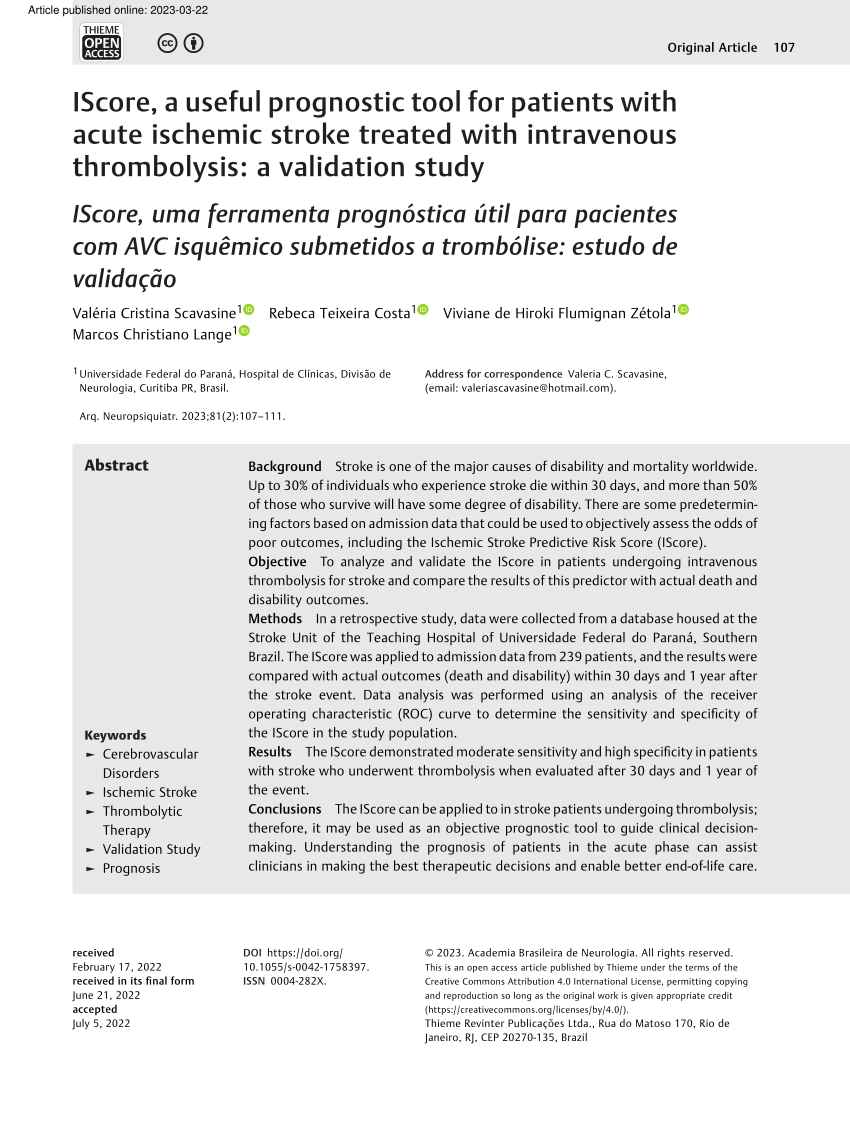 Pdf Iscore A Useful Prognostic Tool For Patients With Acute Ischemic Stroke Treated With