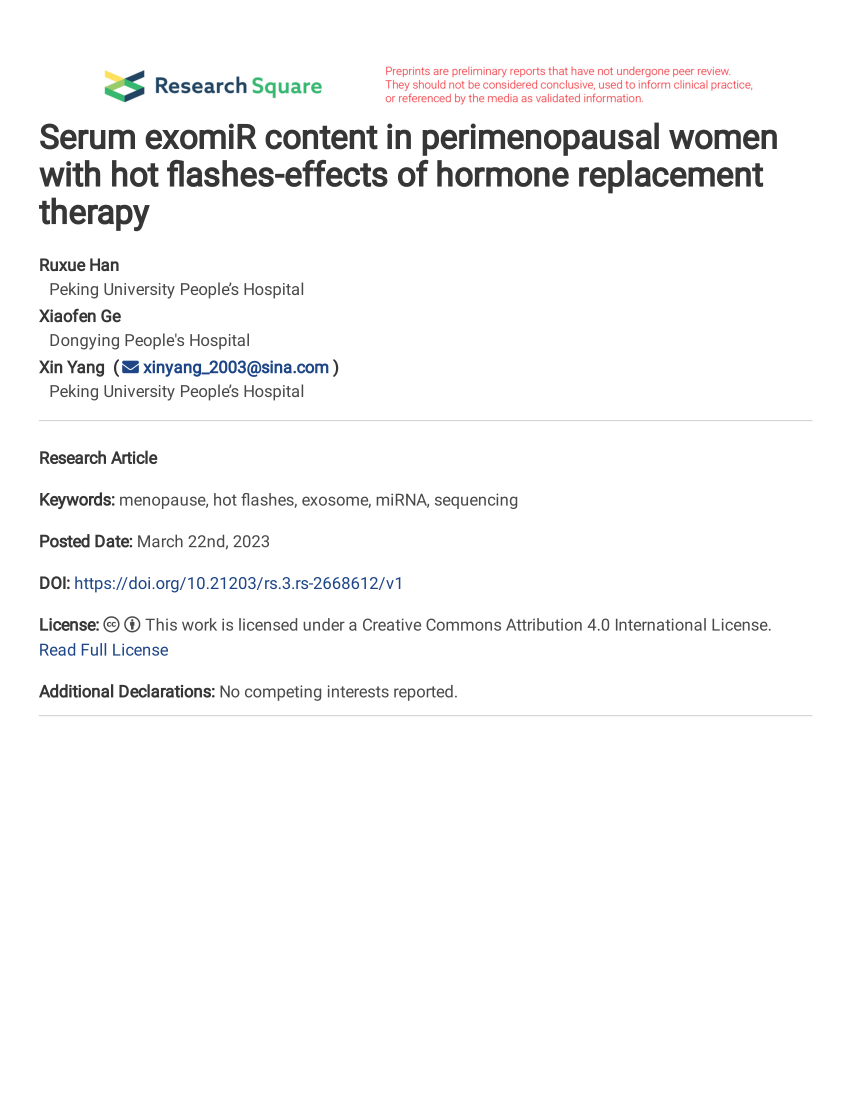 Pdf Serum Exomir Content In Perimenopausal Women With Hot Flashes Effects Of Hormone 2158