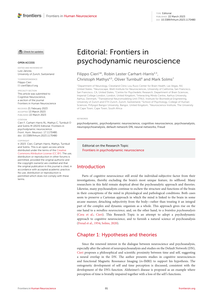 PDF) Editorial: Frontiers in psychodynamic neuroscience