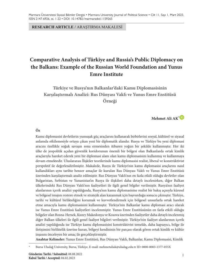 (PDF) Comparative Analysis of Turkey and Russia's Public Diplomacy on the Balkans (Example of 