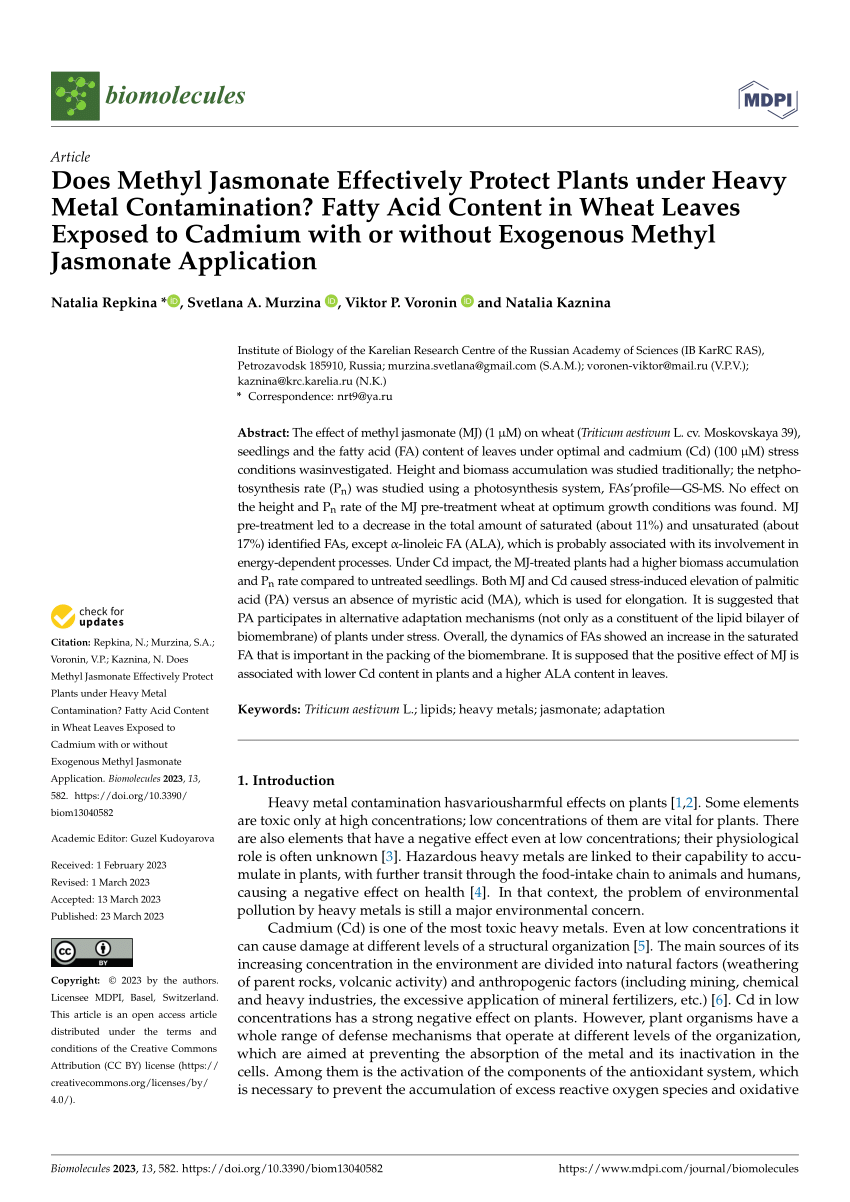 PDF) Does Methyl Jasmonate Effectively Protect Plants under Heavy Metal  Contamination? Fatty Acid Content in Wheat Leaves Exposed to Cadmium with  or without Exogenous Methyl Jasmonate Application