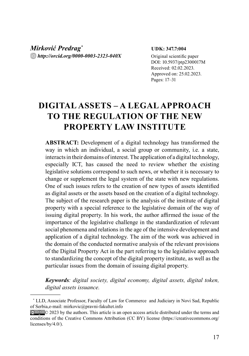 (PDF) Digital assets A legal approach to the regulation of the new