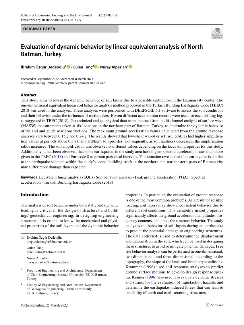 PDF) Evaluation of dynamic behavior by linear equivalent analysis of North Batman, Turkey