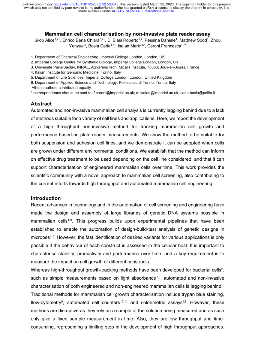 (PDF) Mammalian cell characterisation by non-invasive plate reader assay