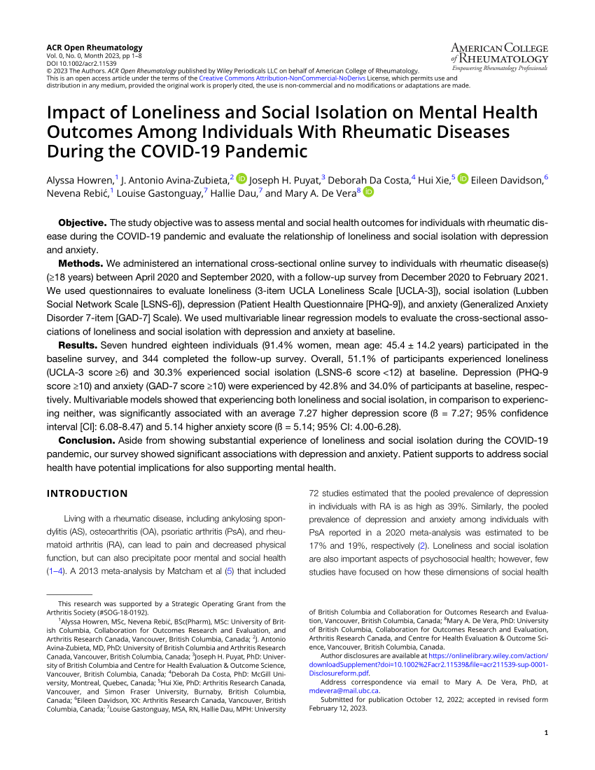 Pdf Impact Of Loneliness And Social Isolation On Mental Health Outcomes Among Individuals With 8445