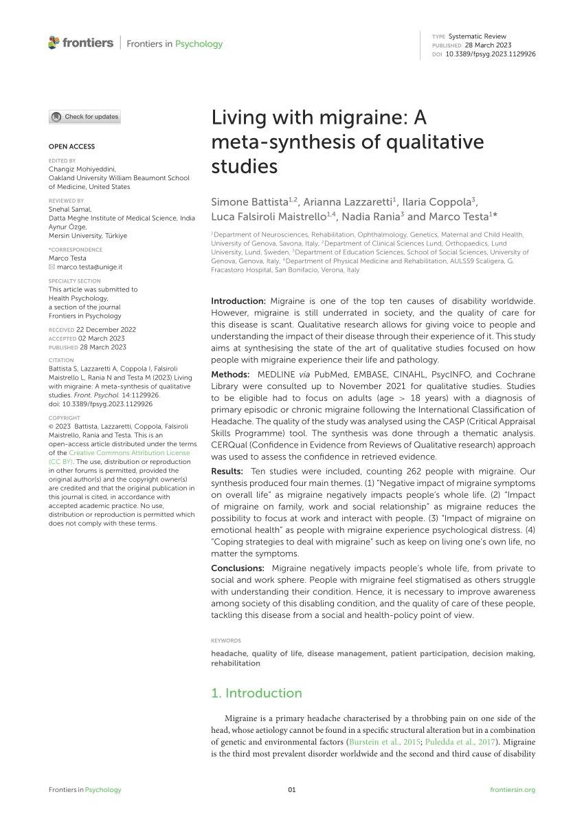 PDF) Living with migraine: A meta-synthesis of qualitative studies