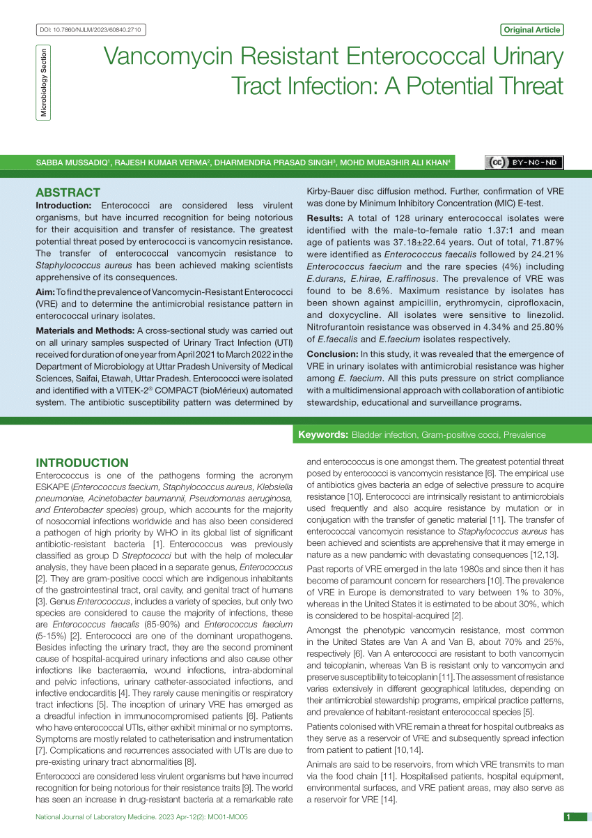 Pdf Vancomycin Resistant Enterococcal Urinary Tract Infection A Potential Threat 