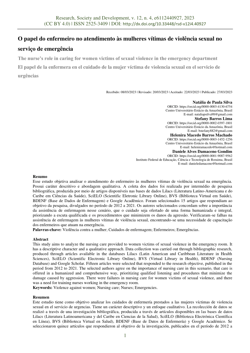 Pdf O Papel Do Enfermeiro No Atendimento às Mulheres Vítimas De Violência Sexual No Serviço De 5190