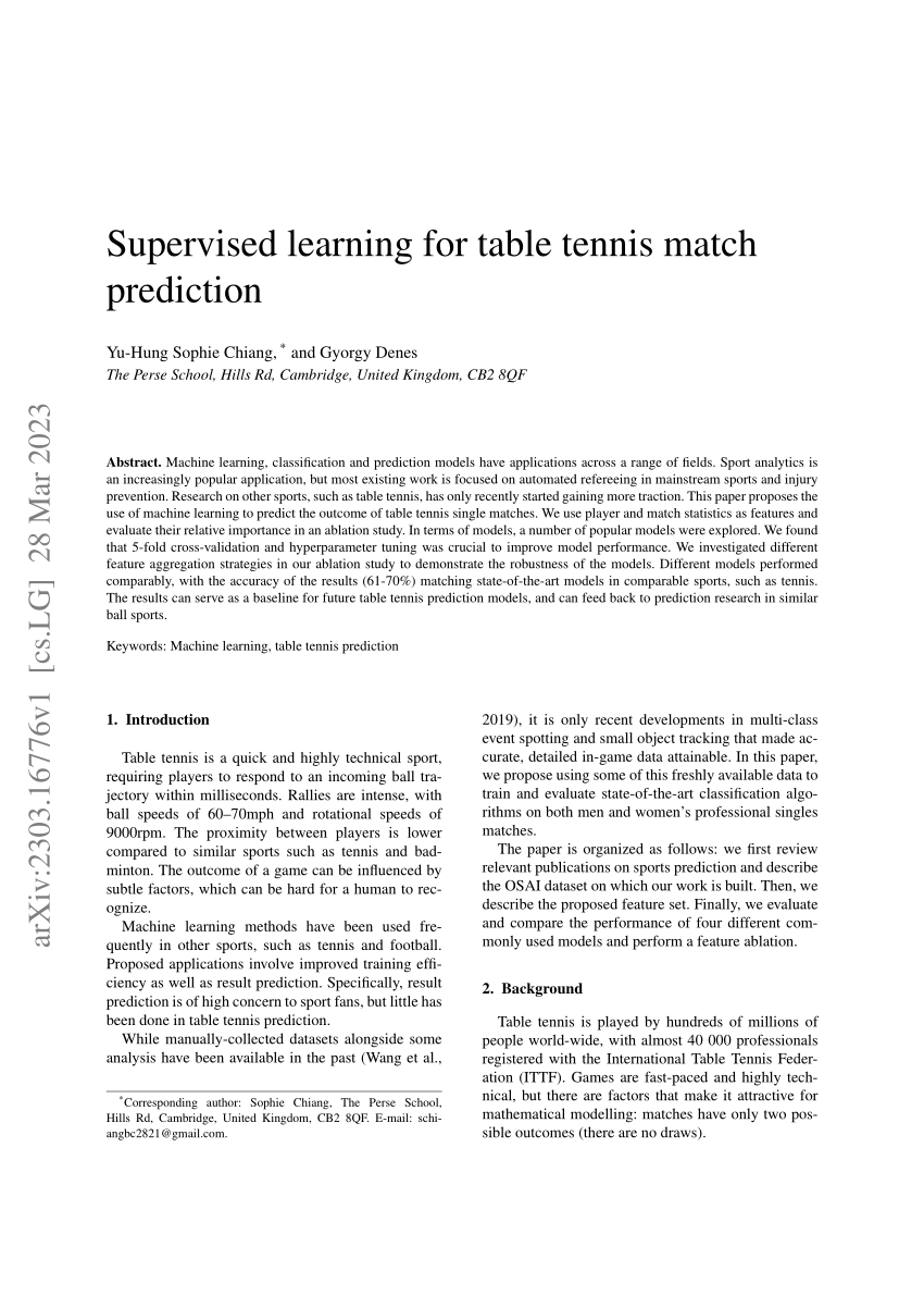 (PDF) Supervised Learning for Table Tennis Match Prediction